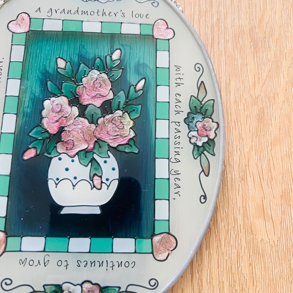 Vtg Grandmother's Love Floral Glass Suncatcher Wall Plaque Decor Cottagecore - Picture 3 of 10
